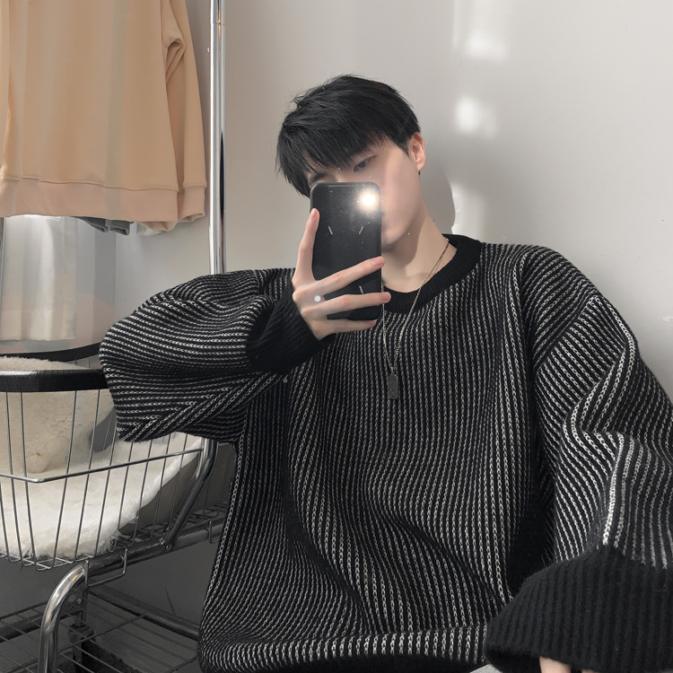 圆领条纹毛衣男款秋冬新款时尚套头针织衫日系复古宽松百搭上衣服详情9