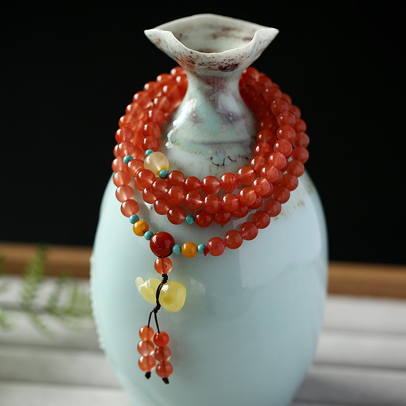 DIY original Liangshan Nanhong agate bracelet, natural cherry red bracelet, hanging beeswax gourd, circling 4 times, good luck for women pic 8