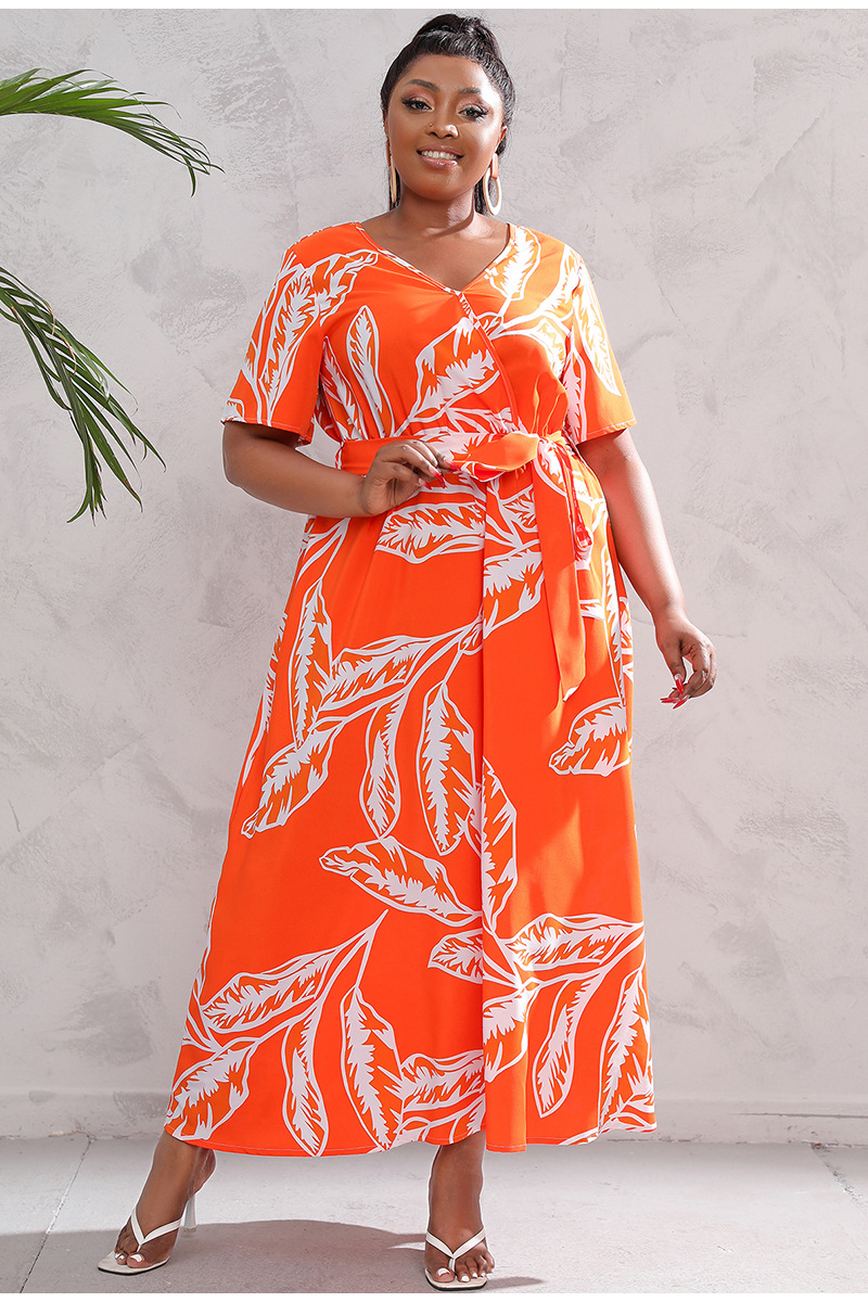 2024 Cross-border new French-style elegant plus-size dress with a V-neck, short sleeve and cinched waist, featuring a simple floral design pic 45