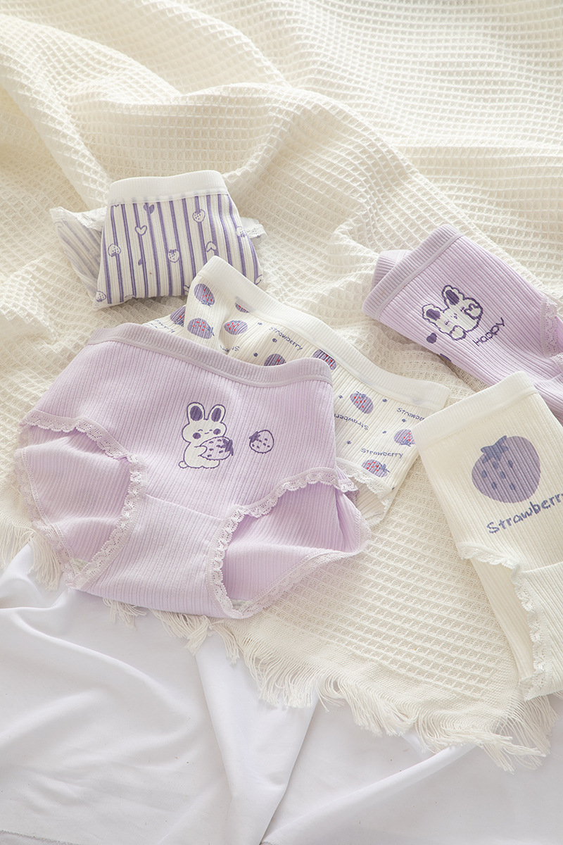 Tingweiya Japanese-style cute purple girl cartoon rabbit threaded cotton strawberry girl student mid-waist underwear for girls pic 51