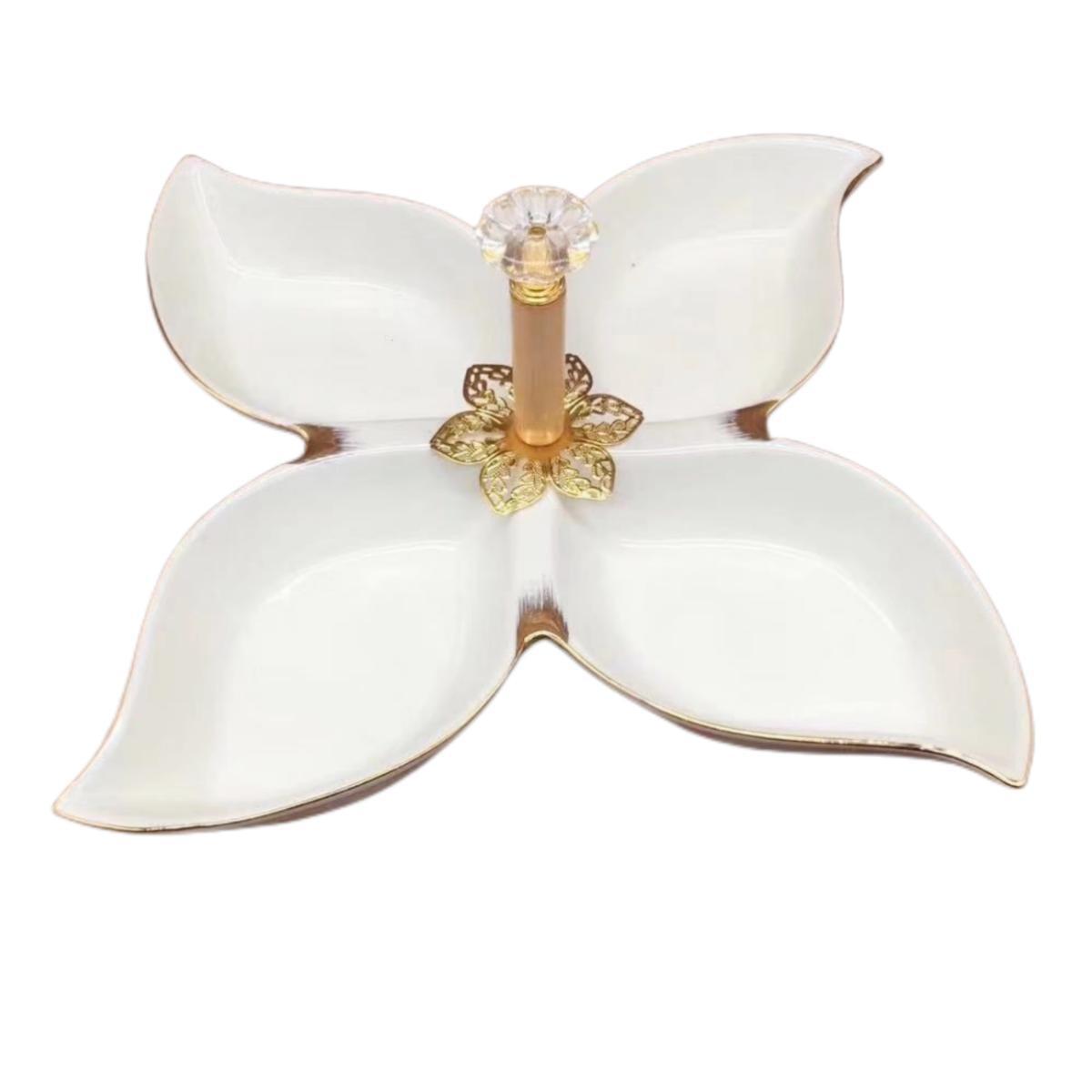 A pure white petal-shaped fruit platter with electroplated gold and multiple compartments, a hand-held restaurant banquet food platter pic 21