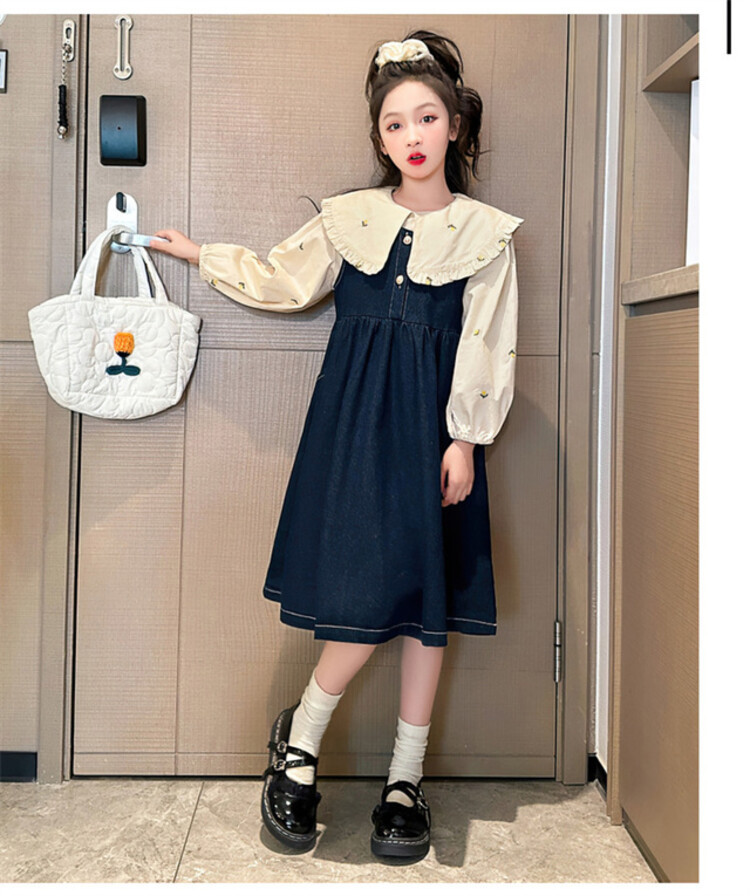 女童套装2023秋季新款韩版女大童绣花衬衫牛仔背带裙连衣裙两件套详情16