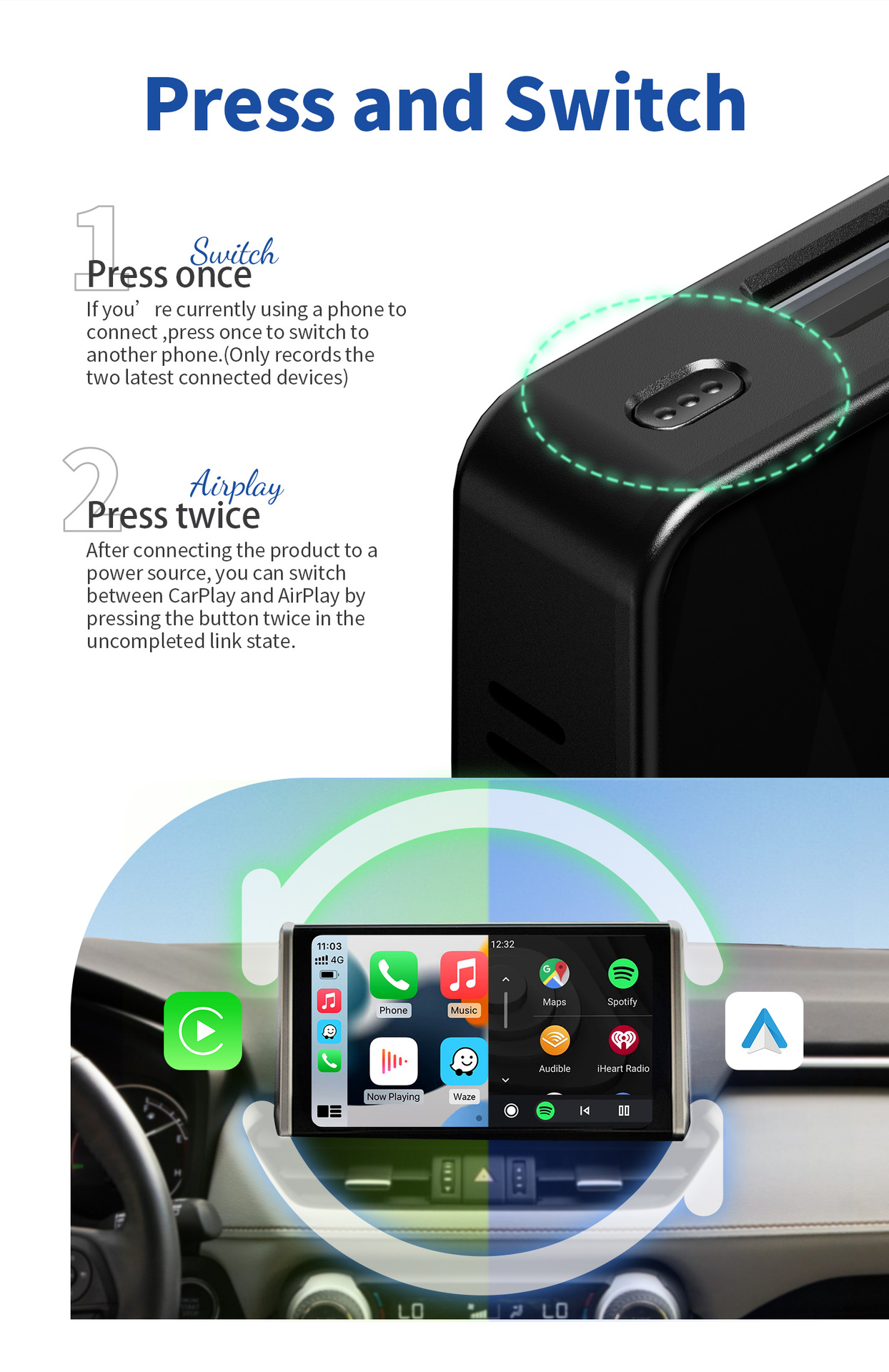 新品CA360三通道有线转无线CarPlay盒子airplay+Android详情7