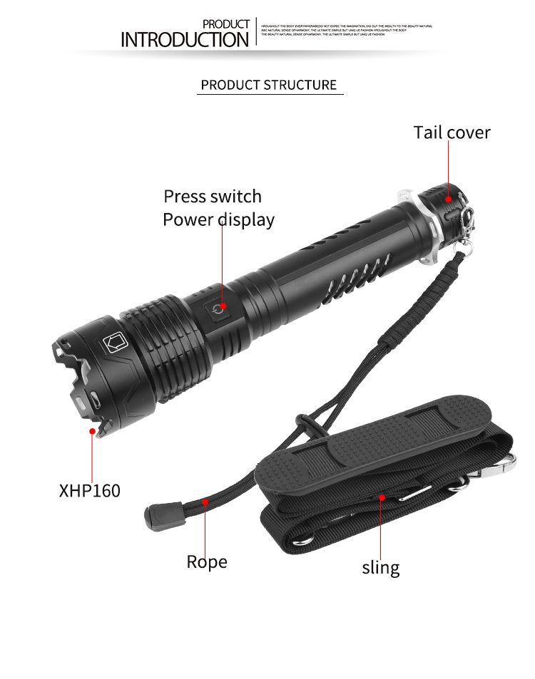 跨境XHP160强光手电筒 输入输出伸缩变焦强光手电筒Type-cUSB充电详情4