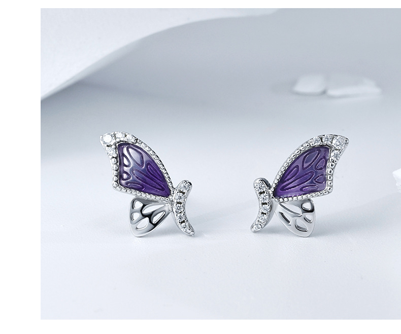 日韩时尚经典蝴蝶耳钉925纯银微镶锆石耳环滴胶新款耳饰批发详情5