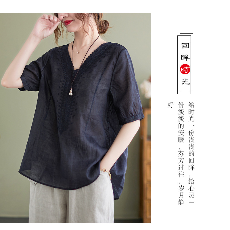 实拍2022年夏季薄款棉麻文艺复古刺绣宽松显瘦短袖上衣T恤衫女详情26