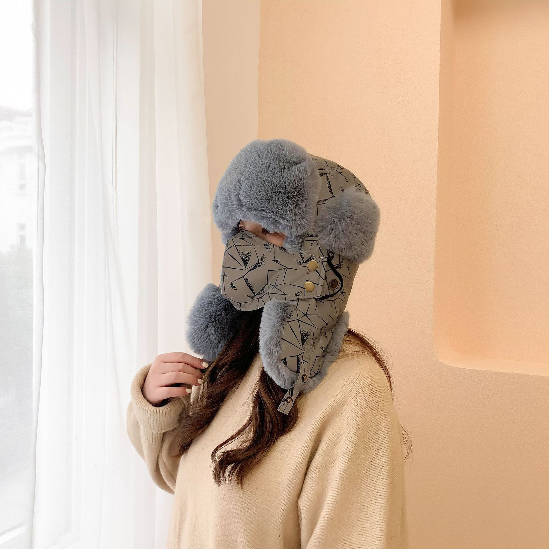 跨境反光雷锋帽带口罩骑车防风男护耳脖东北滑雪冬季帽子女保暖帽详情10