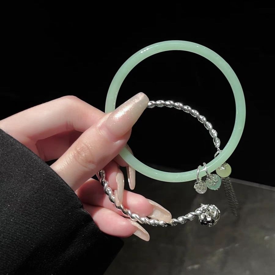 Retro style, clear water green open bracelet, jingle bracelet, female bell, sweet, ins, high-end fringed bracelet pic 6