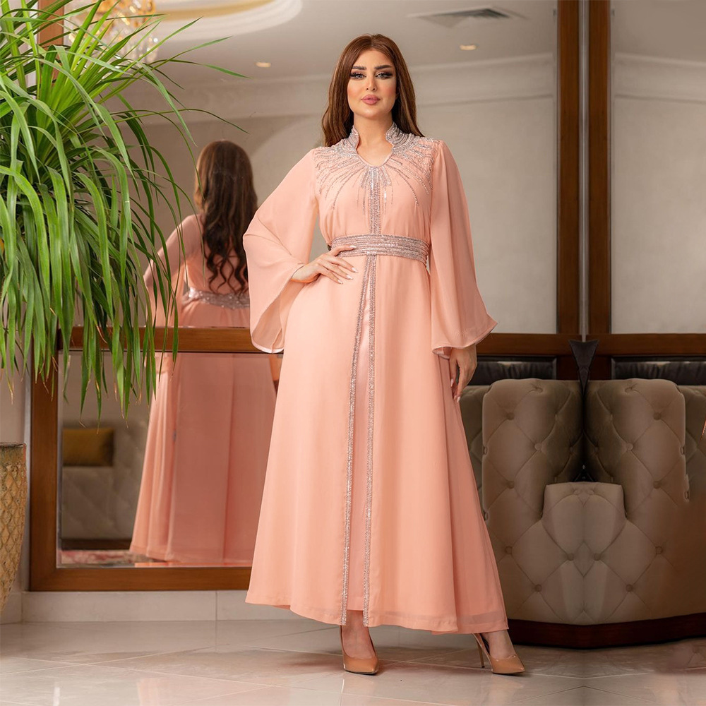 XQY500090 Foreign trade Arab robe, Middle East kaftan fashion Hot diamond belted chiffon dress pic 3