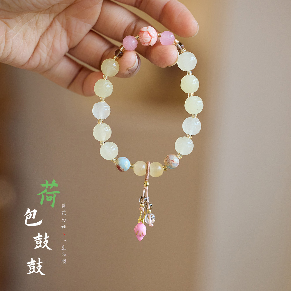 Temple bestseller Natural golden thread jade lotus bracelet, Good Luck Lotus Lotus Bag, bulging ancient-style jade bracelet wholesale pic 10