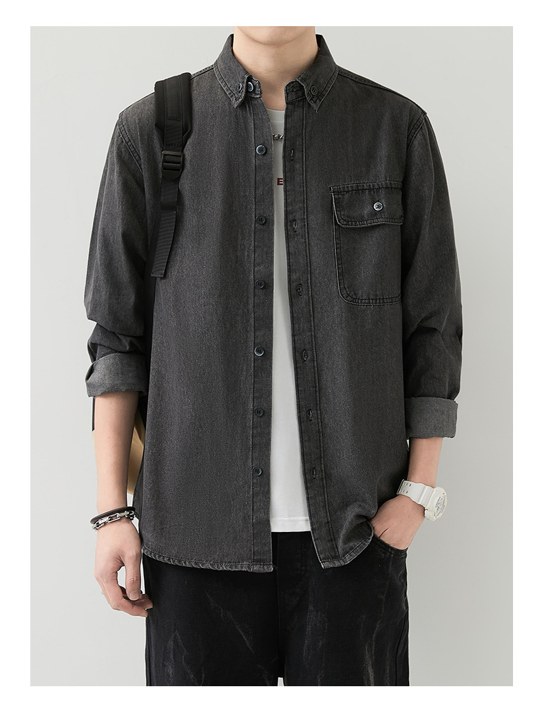 男装薄款牛仔长袖衬衫男2023春秋韩版潮流休闲纯色工装衬衣外套男详情15