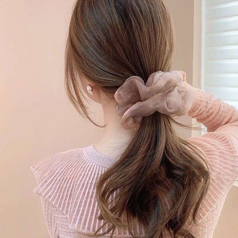 Super fairy glass mesh large intestine ring, French solid color pearlescent organza large intestine ring, adult elegant hair ring for women pic 7