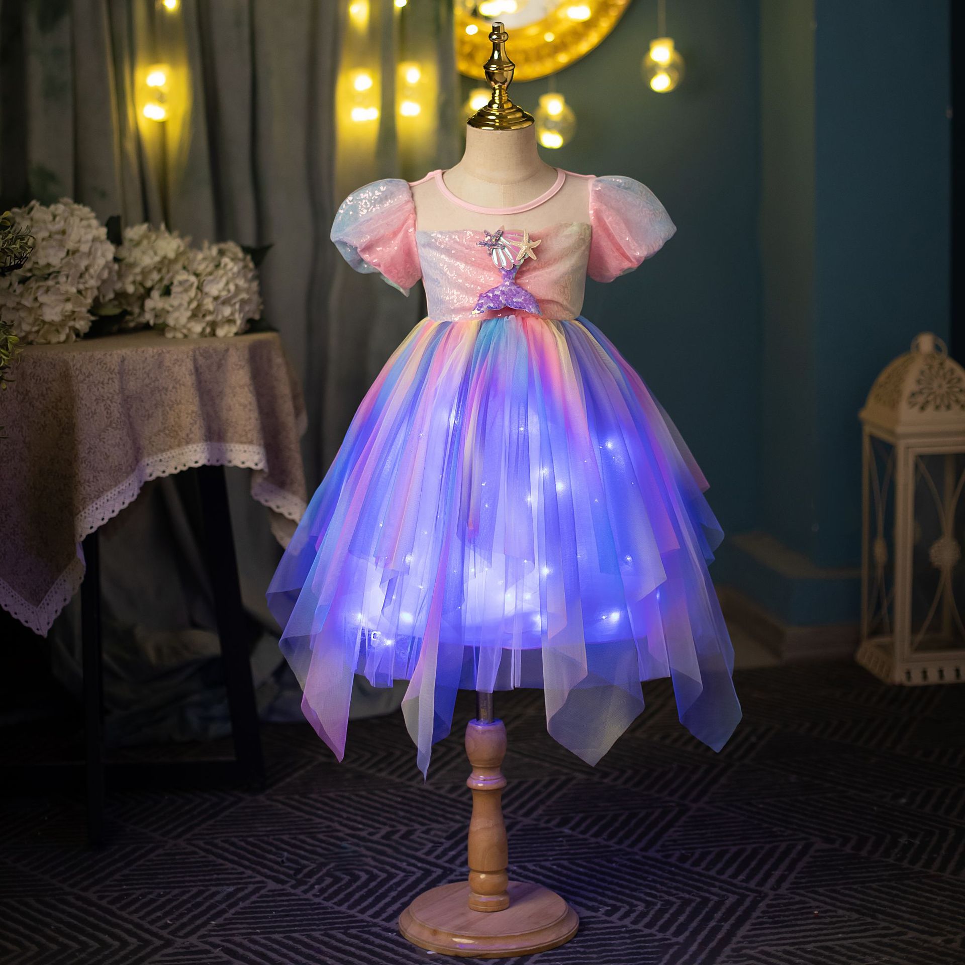 纯棉跨境女童连衣裙独角兽童裙女宝宝蓬蓬裙发光美人鱼公主裙代发详情16