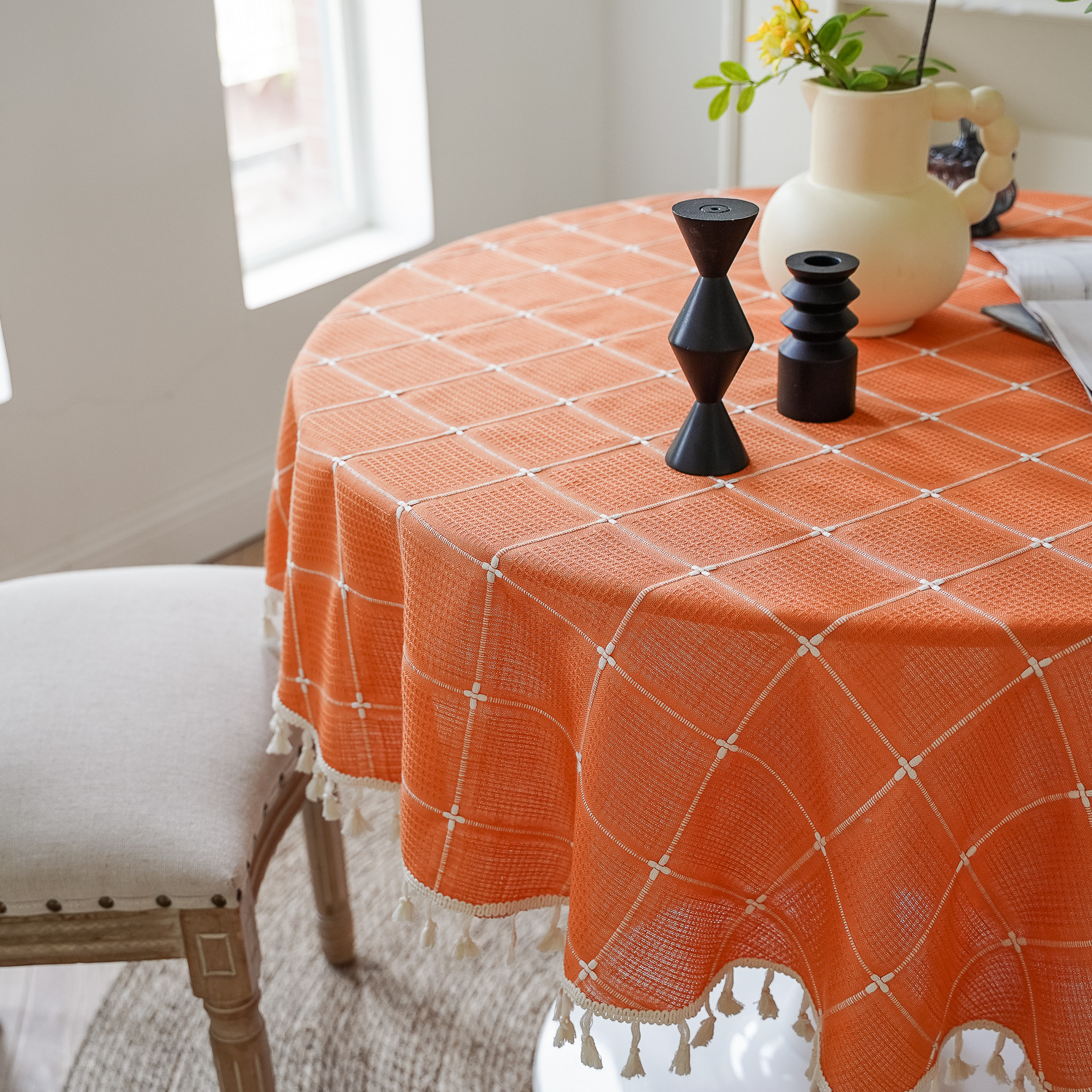 Cross-border TEMU Xiyin round table cloth, Japanese cream white tassel tablecloth, table cloth, cover cloth, Amazon factory wholesale pic 18