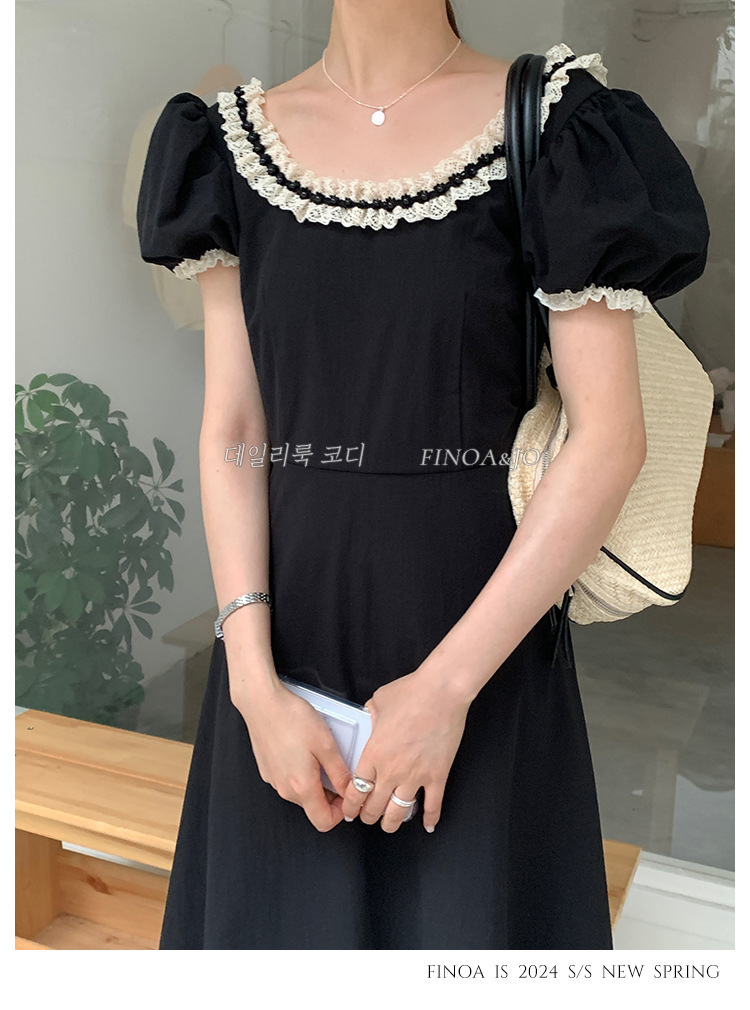 费挪 OLIVE十三行春夏新品法式优雅气质黑色蕾丝花边连衣裙2166详情14
