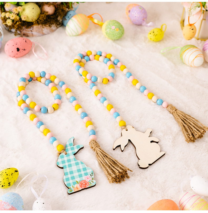 New cross-border Easter decorative items: Easter bead strings, checkered printed rabbits, wooden pendants, and colorful beads pic 9
