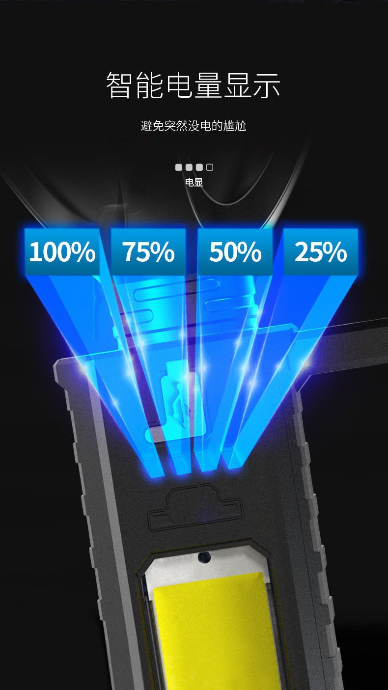 跨境LED强光远射高亮COB户外作业探照野营夜钓手提灯带支架电显手电详情3