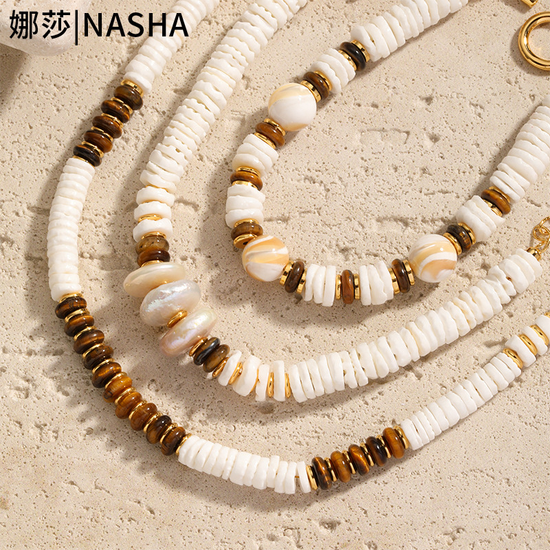 娜莎首饰套装美拉德风巴洛克珍珠贝壳虎眼石串珠项链耳环饰品套装详情11