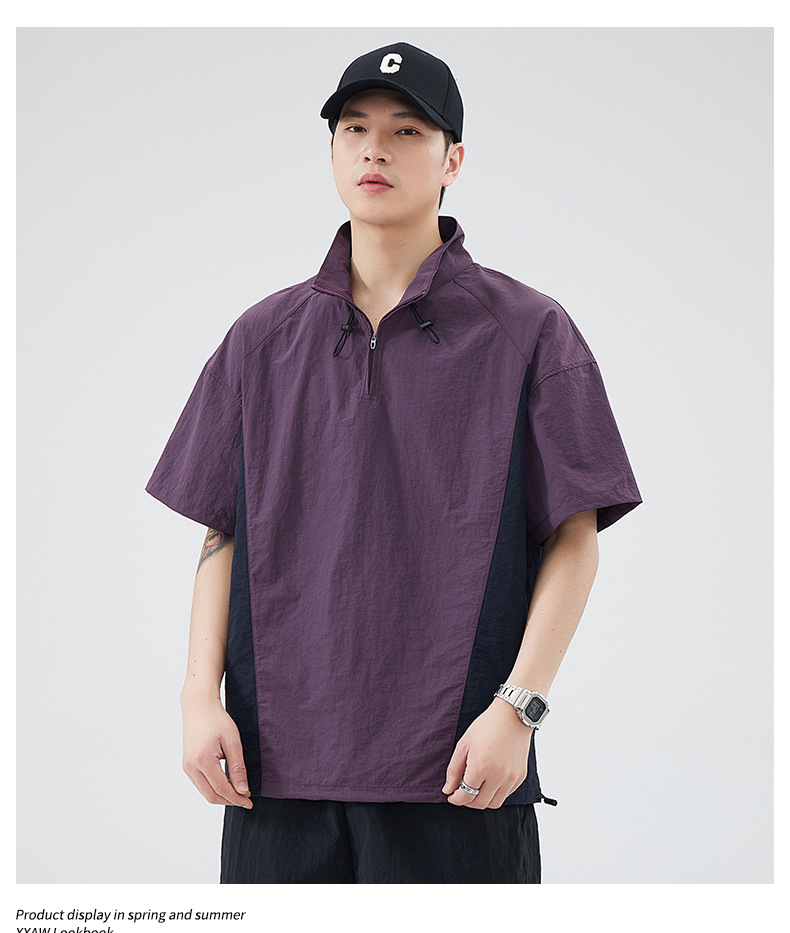 美式工装短袖t恤男士夏季大码潮牌立领拉链体恤半袖男详情15