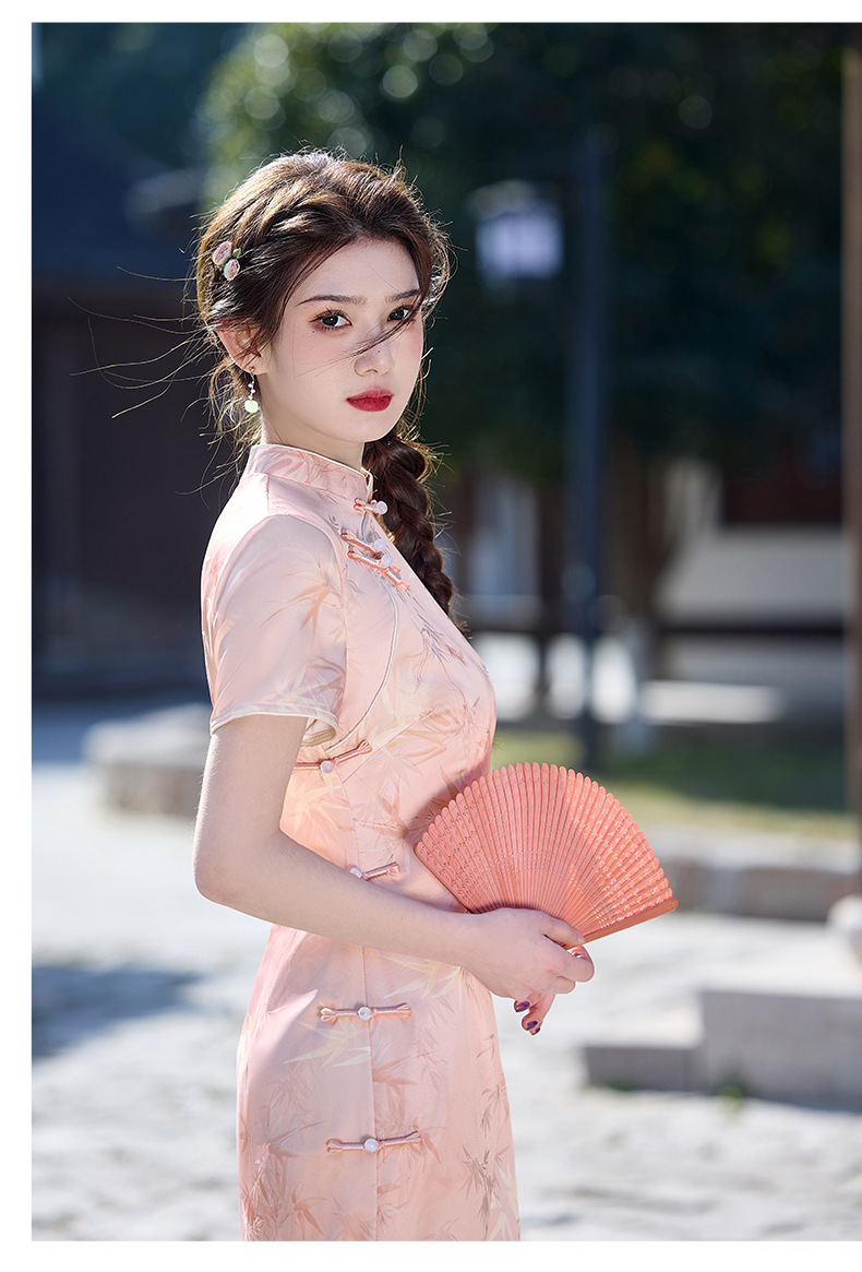 国潮粉色竹叶淑女旗袍2025年春季新款双层改良提花日常年轻详情13