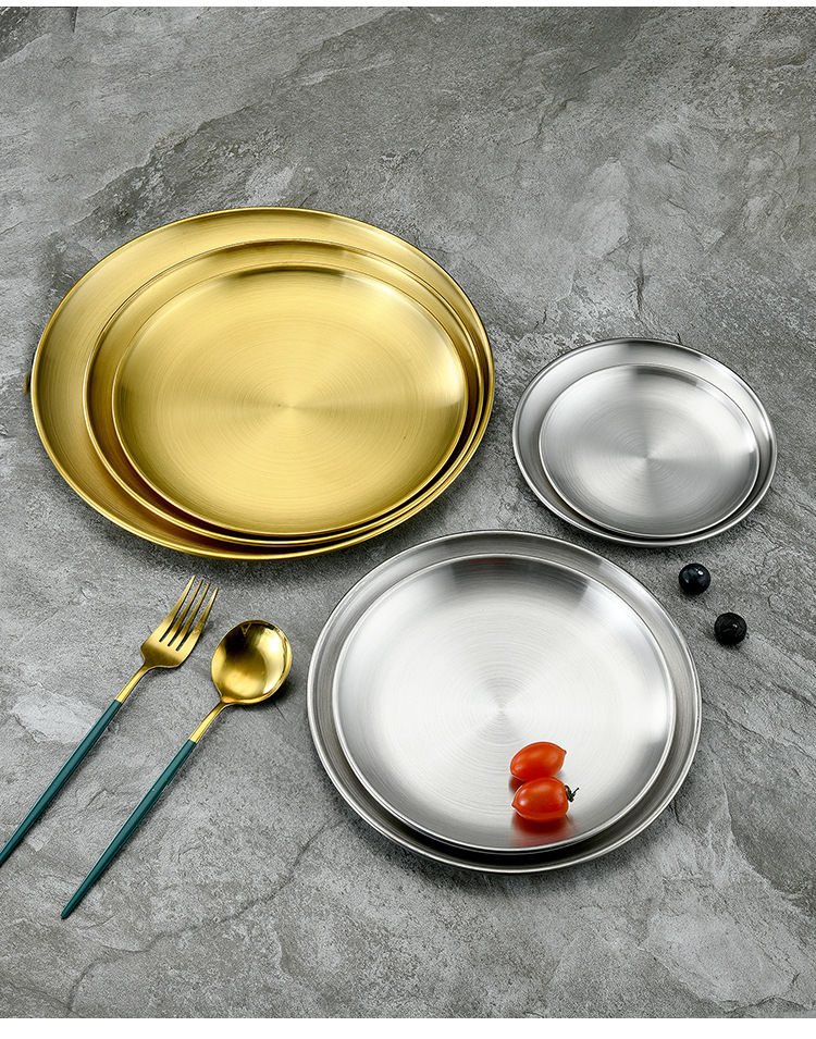 Stainless steel plate, Western-style desserts, cakes, fruits, flat bottom, Korean-style display, golden single-layer barbecue round plate pic 18