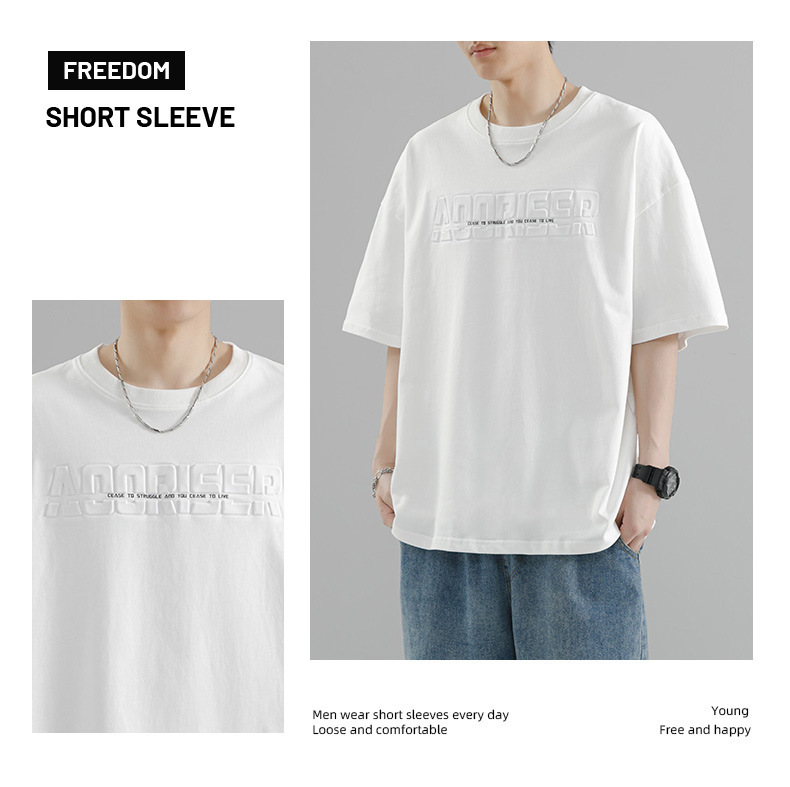 【 Pure Cotton 】 Steel stamp letter short-sleeved T-shirt for men, round neck, loose, casual and versatile, trendy 2024 Summer new short T-shirt pic 11