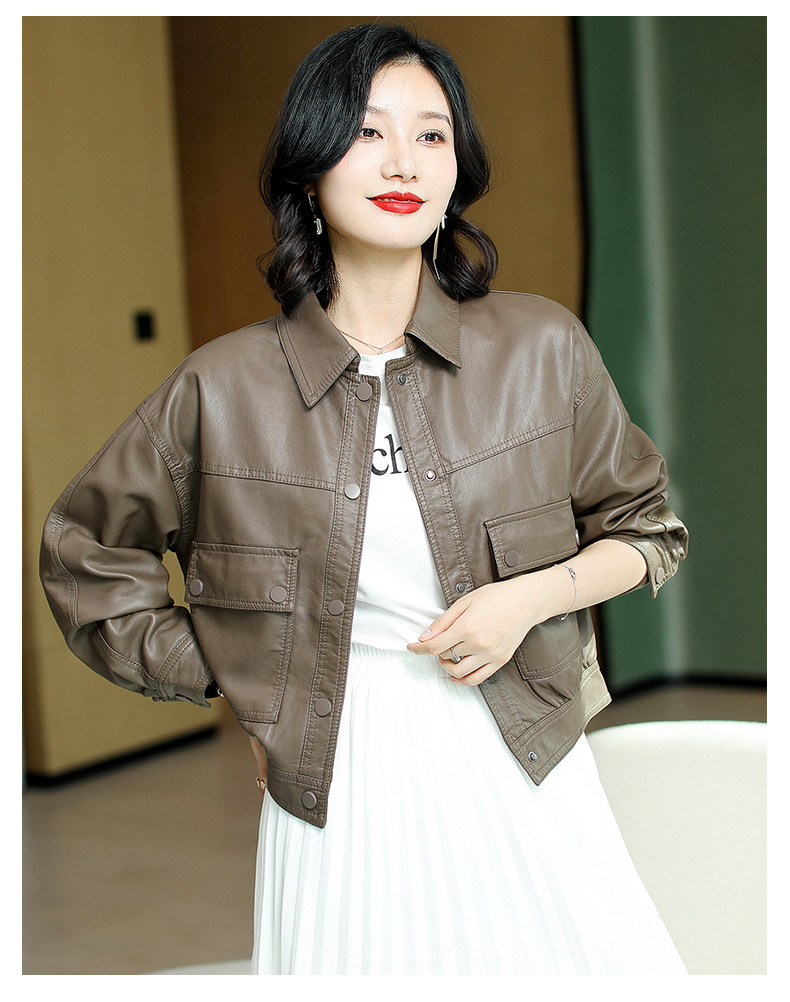 纯色单排扣PU皮衣女2022年春秋新款时尚韩版翻领长袖机车服外套详情16