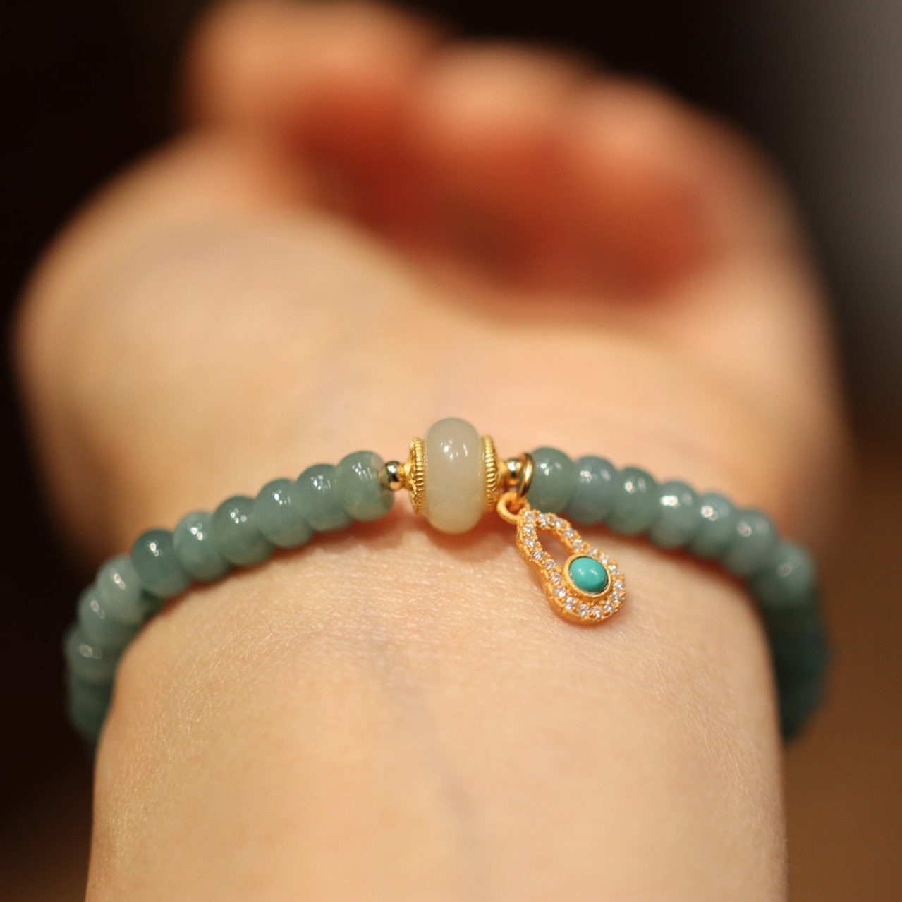 Blue water jadeite abacus bead single-loop bracelet and Tian Tian jade running ring Nan Hong accessory jewelry bracelet for good fortune and auspiciousness pic 21