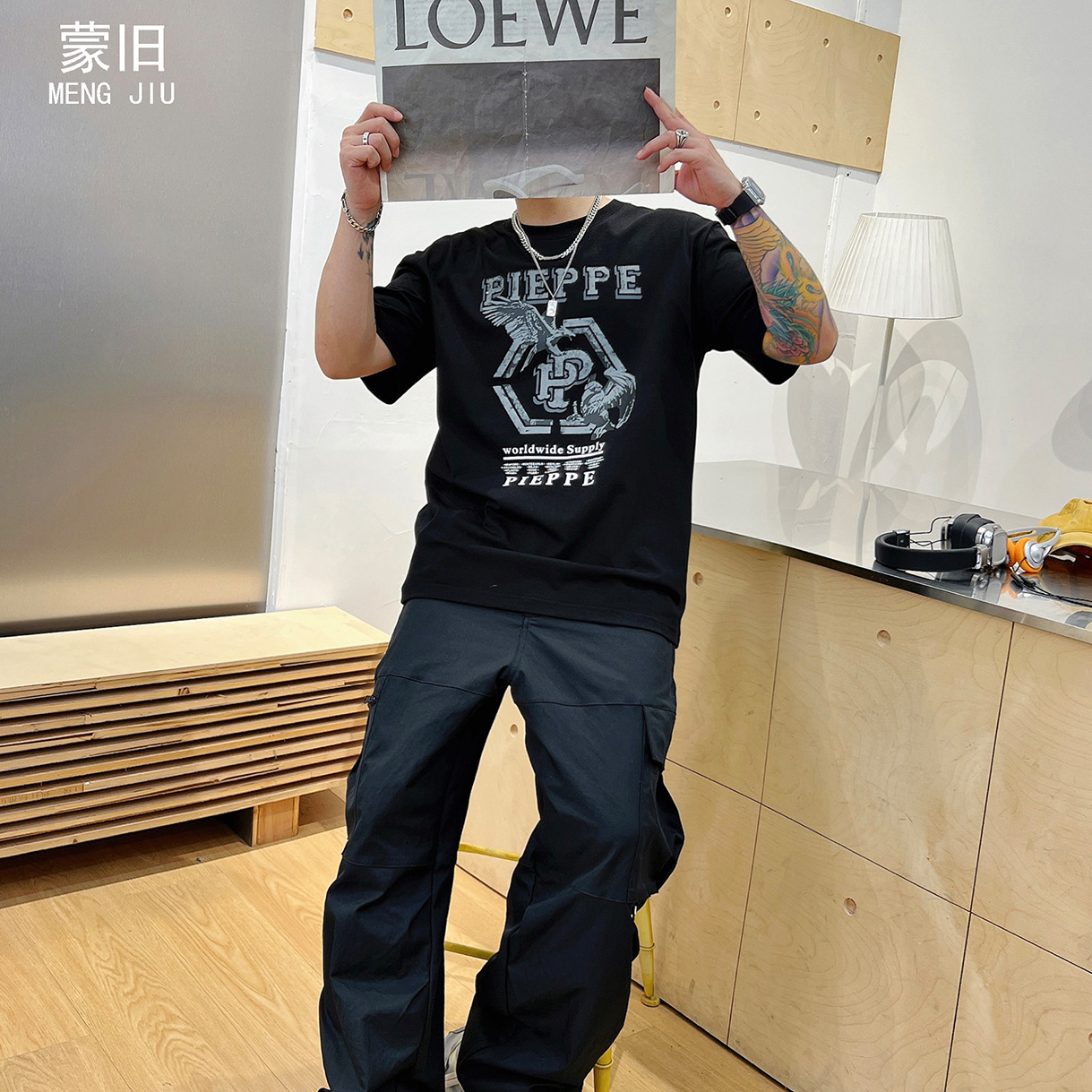 潮牌ins夏季新款t恤男宽松纯棉短袖潮流印花烫钻圆领半袖男士上衣详情14