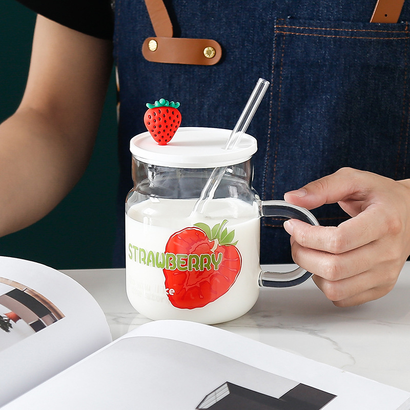 Creative large-capacity fruit glass water cup, cute in summer, high appearance level, covered straw, home drinking cup pic 10