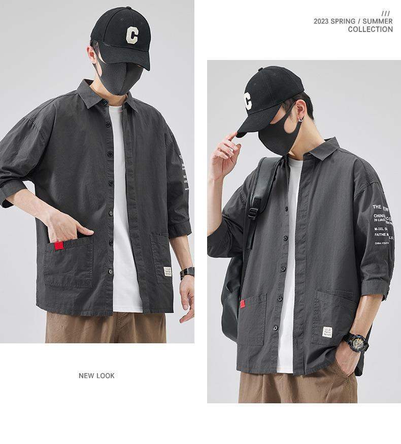 衬衫男士夏装新款韩版帅气潮流短袖衬衣服休闲学生七分袖外套寸衣详情18