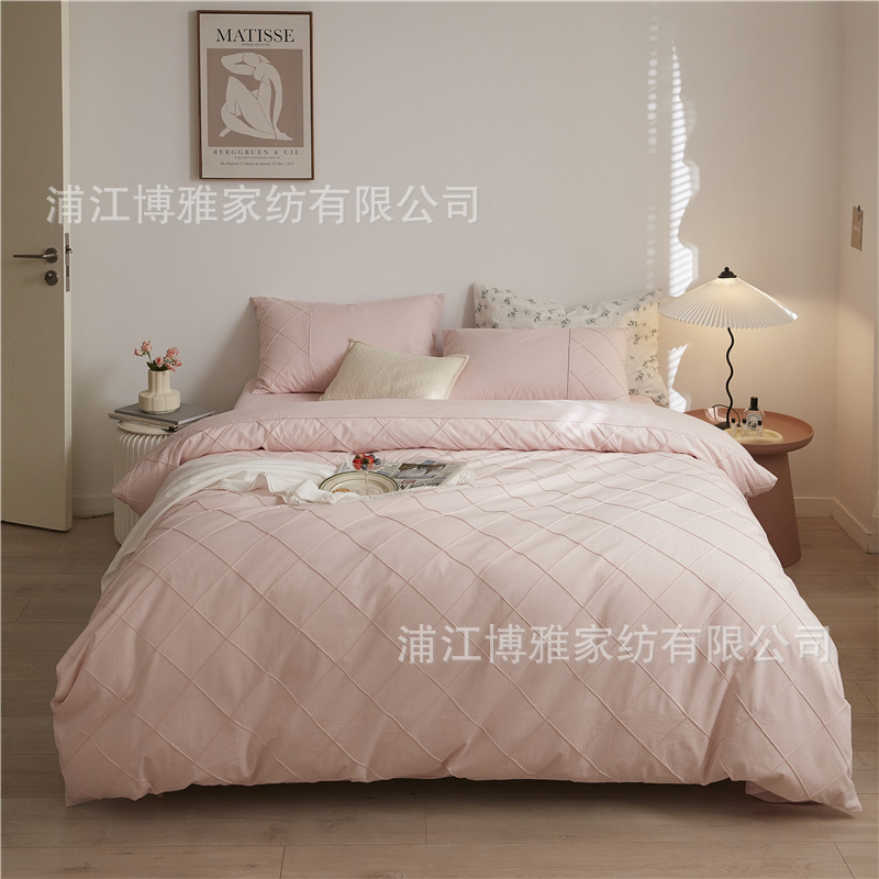 Wholesale of high-quality three or four-piece sets of washed cotton 40-count hand-knitted rhombus-shaped checkered plain pure cotton bedding pic 4
