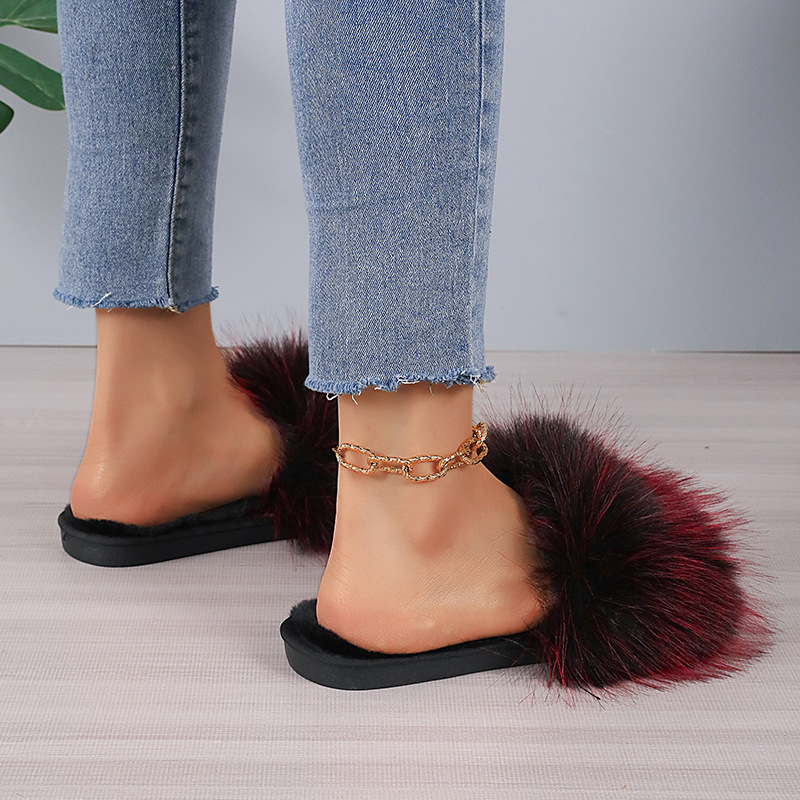 2024新款长毛绒拼色平底毛毛拖鞋女秋冬居家室内地板拖外贸一字拖详情22