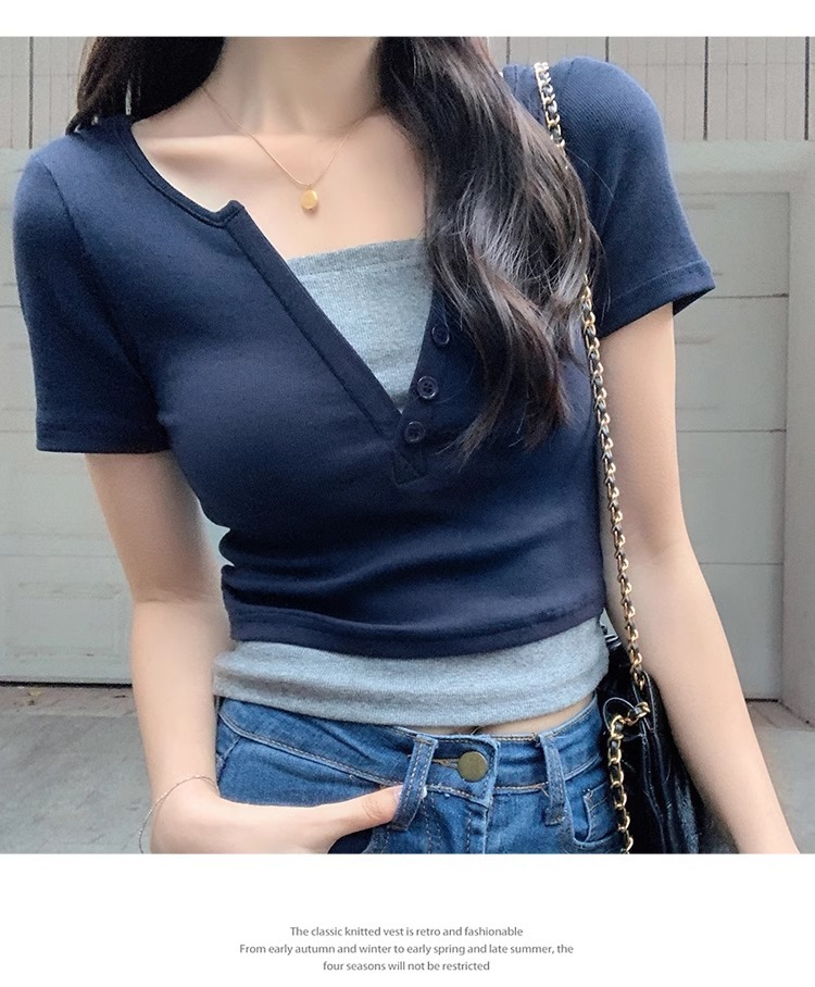 Pink V-neck off-the-shoulder T-shirt for women, short sleeve, new spring and summer style, two-piece design, slim and short, pure and sensual pic 35