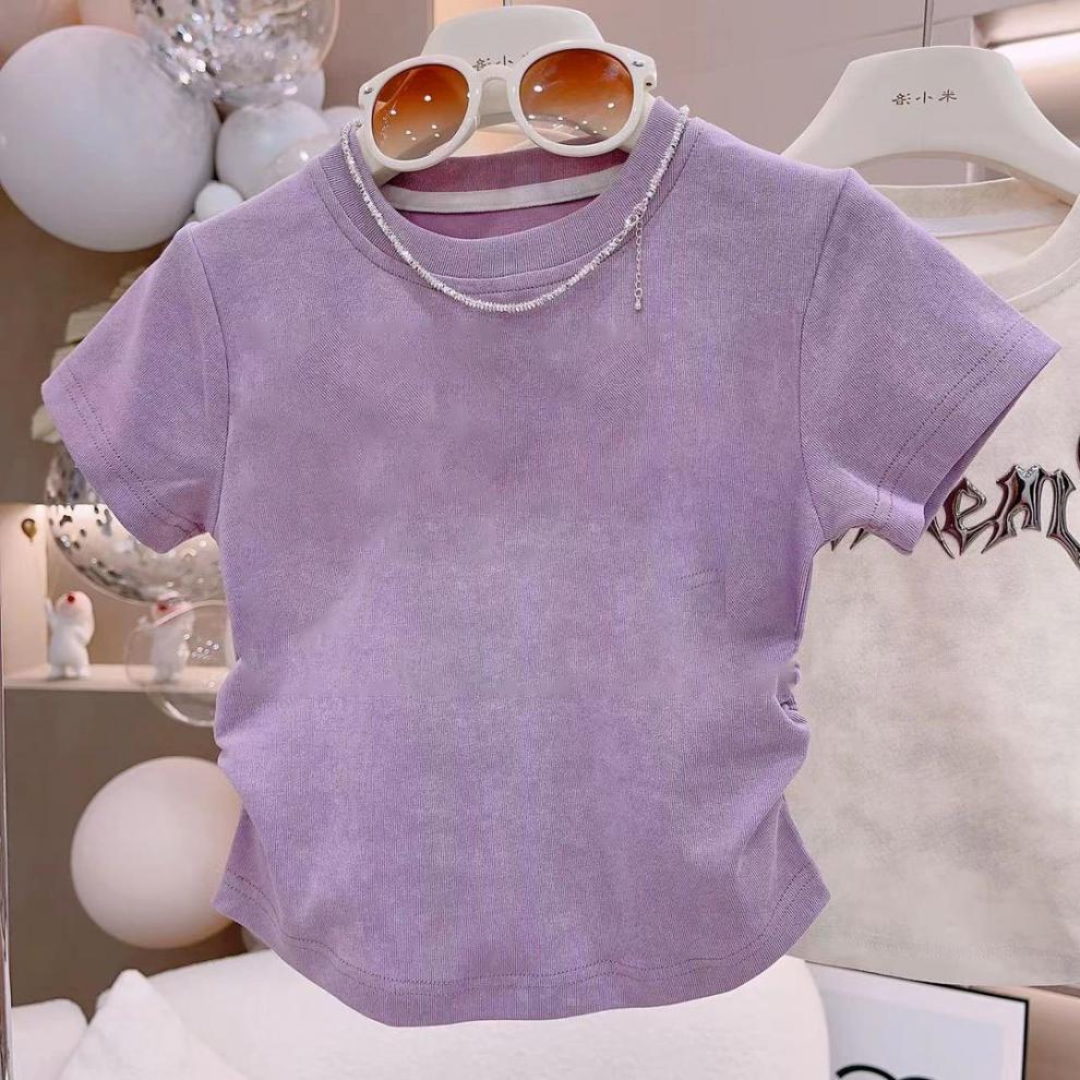 儿童短袖女2024新爆款洋气T恤空白简约百搭时尚抽绳上衣包领女童详情5