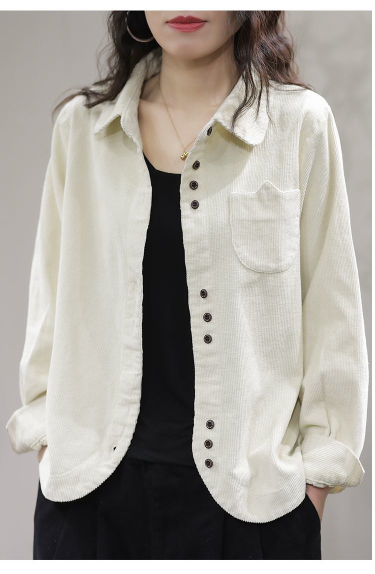 【现货】秋季衬衫文艺休闲时尚黑色长袖翻领灯芯绒女装衬衣开衫女详情6