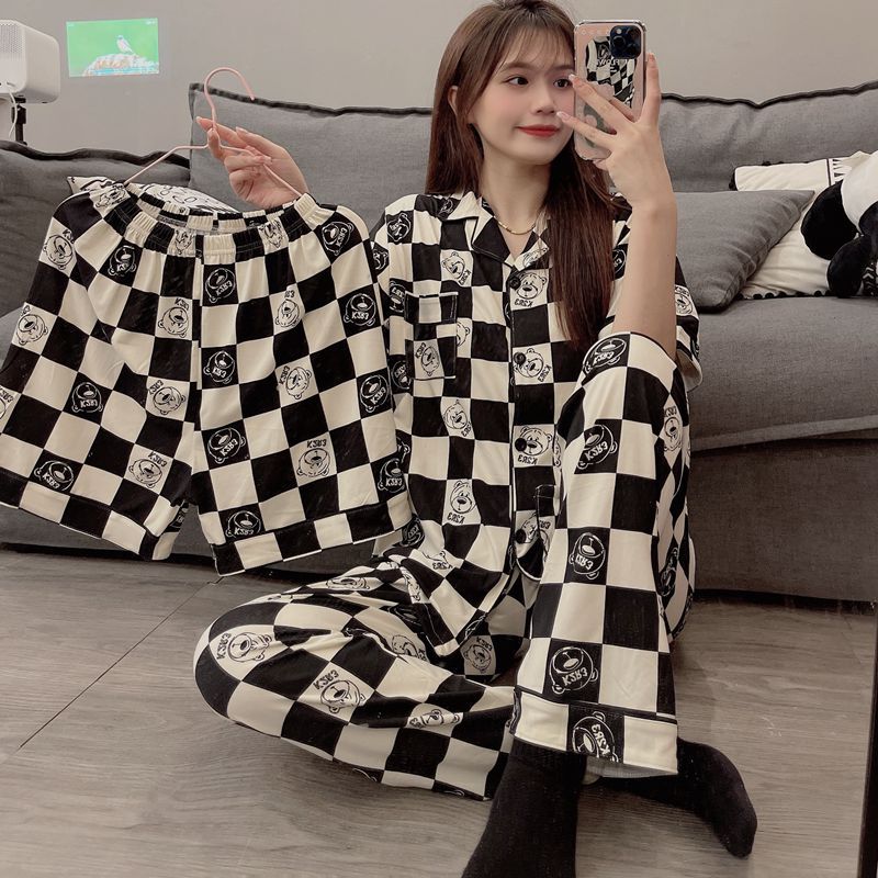 20款直播短袖开衫仿棉INS夏季情侣睡衣居家休闲宽松家居服三件套详情11