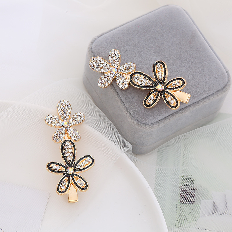 韩国黑色滴油双花水钻发夹一字发卡子网红侧边夹气质少女刘海夹详情1