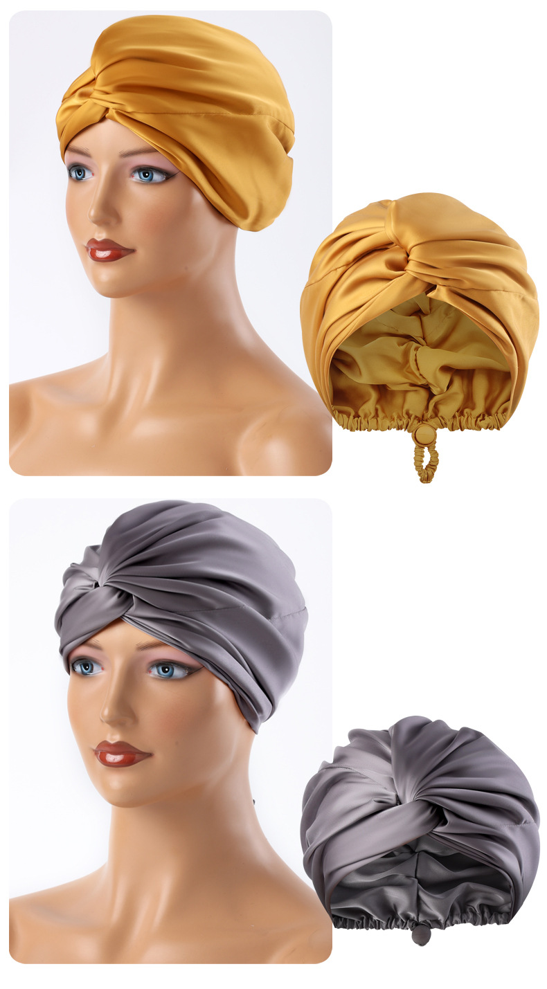 跨境双层缎面睡帽可调节真丝护发帽丝绸色丁化妆帽月子帽头巾帽详情9
