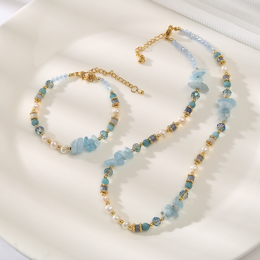 原创海蓝宝蓝水晶巴洛克珍珠项链轻奢饰品小众百搭气质复古锁骨链详情4