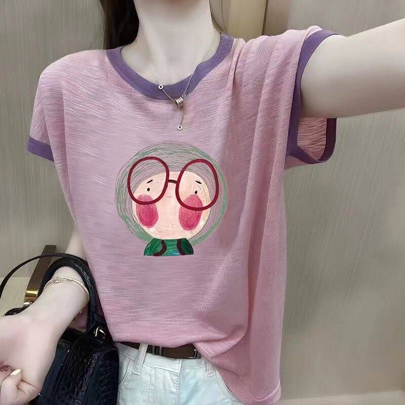 100%竹节棉短袖T恤女2024夏季新款大码宽松显瘦遮肚撞色印花上衣详情5