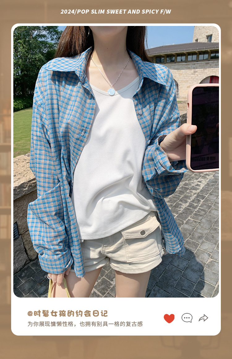 Blue checkered loose long-sleeved shirt for women, summer loose and laid-back style, polo collar sun-protective early autumn shirt jacket pic 3