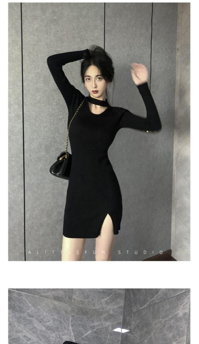 法式纯欲风性感开叉黑色针织连衣裙女秋冬设计感小众辣妹穿搭裙子详情9