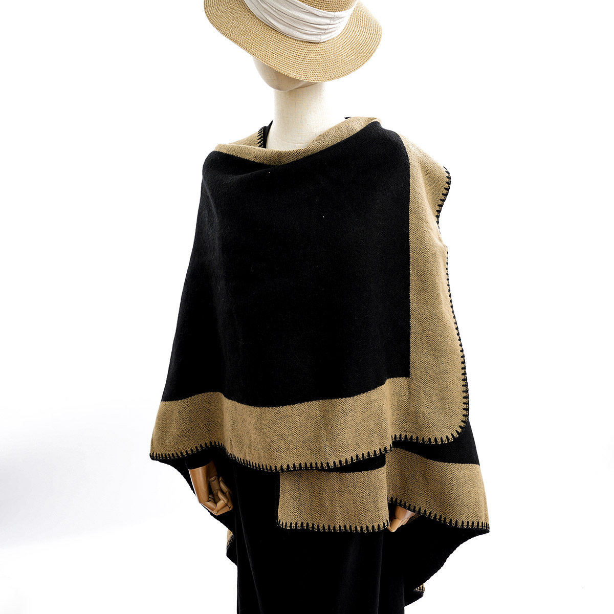 冬季跨境披肩加厚保暖长款拼接色披风仿羊绒双面两用女士时尚斗篷详情7