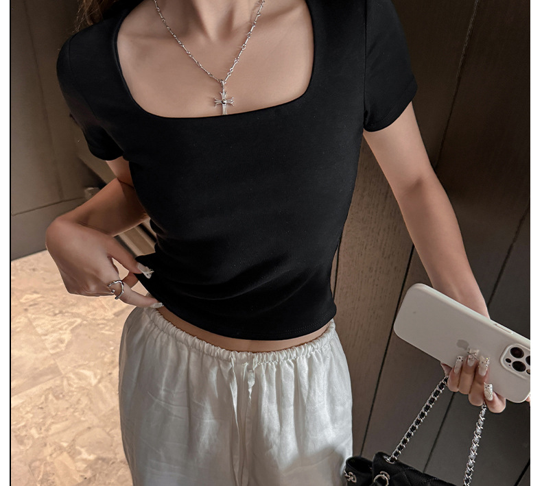 夏季纯棉方领辣妹正肩短袖t恤女式修身显瘦高级感韩系女装T恤上衣详情20