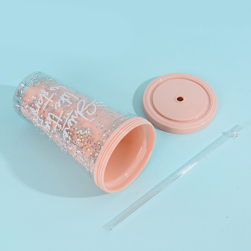 Summer new double-layer household carrying straw ice cup, popular star sequined creative plastic student gift water cup pic 11