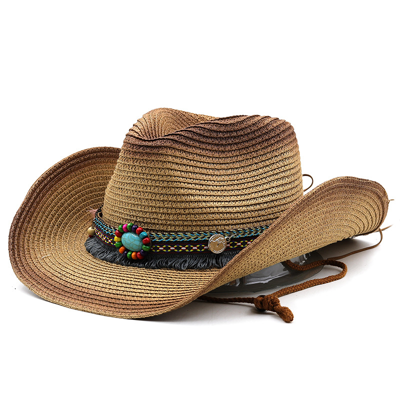 Spring and summer Bohemian-style western cowboy straw hat cross-border trade foldable windproof rope Tibetan top hat pic 4