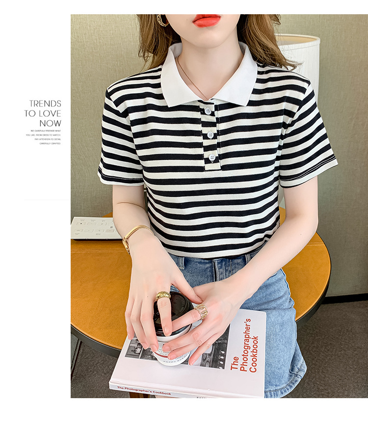 Verano coreano versión rayas mujer commuter patchwork color polo cuello manga corta camiseta mujer diseño sentido moda legging pic 24