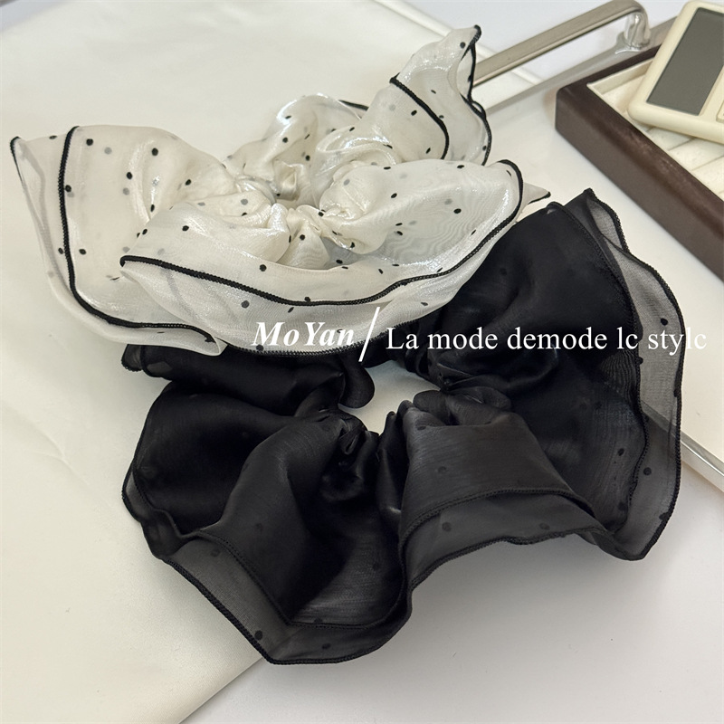 Double-layer fluffy cloud polka dot pearlescent gauze large intestine hair band, elegant bun hairstyle hair tie 2024 ponytail hair tie hair accessory pic 8
