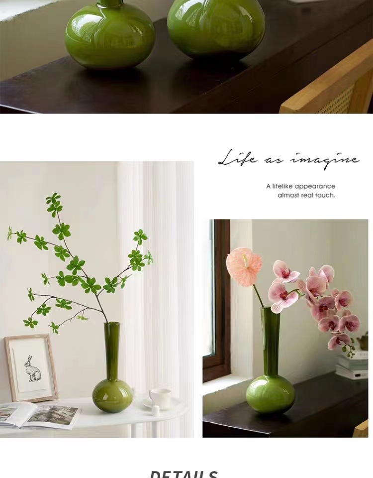 French vintage high-end glazed vase, olive green handcrafted niche art Phalaenopsis vase, living room decoration pic 7
